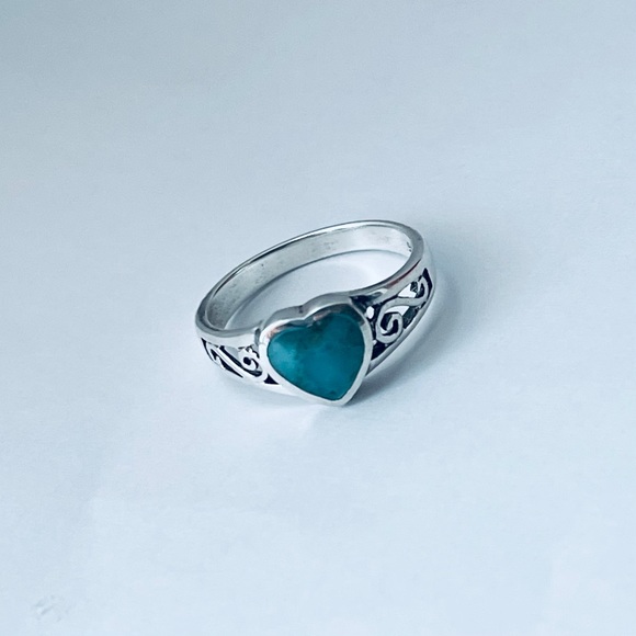 Sterling Silver Swirly and Genuine Turquoise Heart Ring, Silver Rings, Stones - Picture 3 of 12